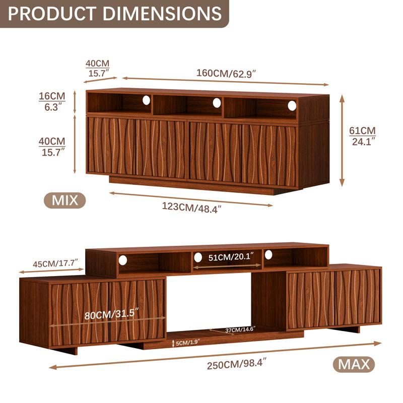 Brown Entertainment Center Living Room Four-piece Set With Relief Panel For 65/70/75/85/100 Inch TV, Mid-century Modern Wood Expandable TV Stand Glass Display Cabinet Coffee Table Set With Drawers And Storages