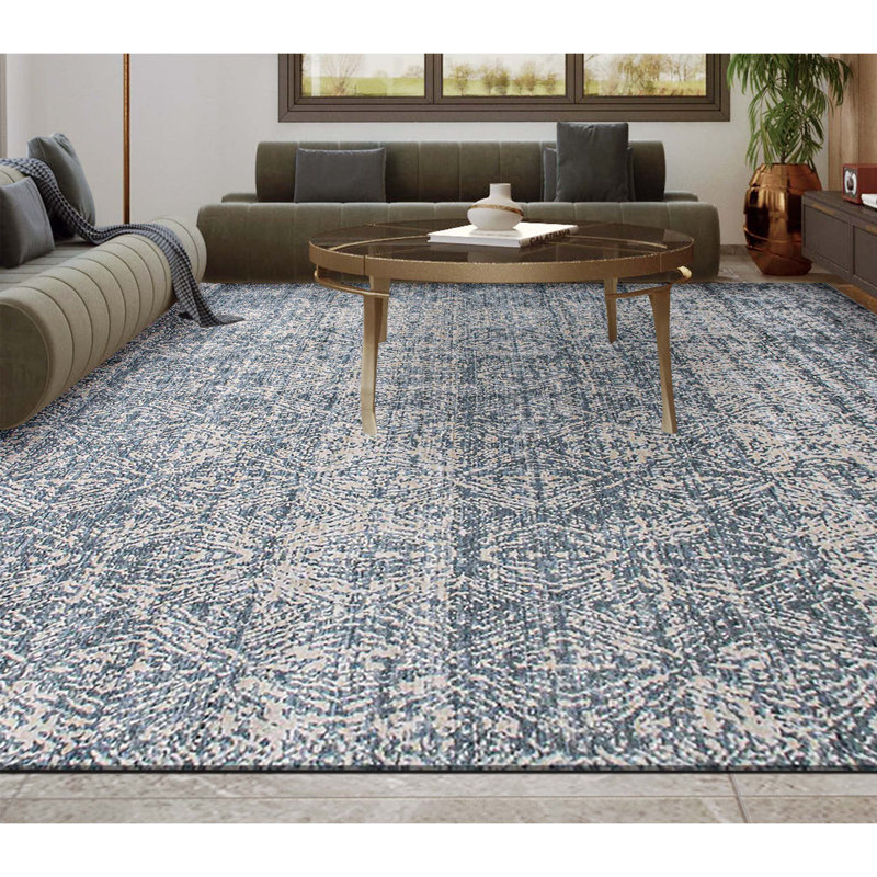 Tapis beige et bleu foncé noué à la main de haute qualité, Rectangle 6 pi x 9 pi