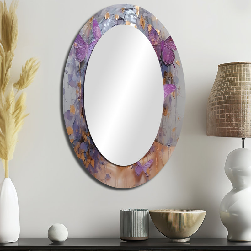 Ange papillon mauve et bleu - grand miroir mural ovale sur métal, 36 po x 24 po