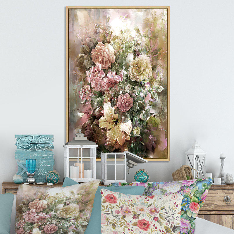 «Grunge rose vert été fleurs II», reproduction d'art sur toile traditionnelle, H 12 po x l 8 po