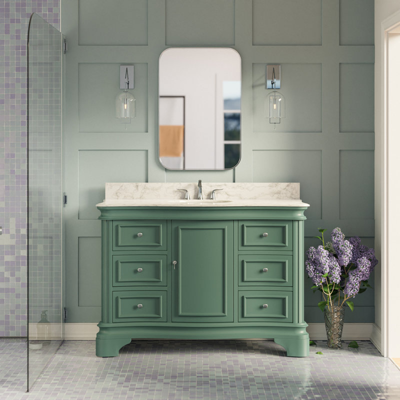 Twain 48" Single Bathroom Vanity Set with Sage Green Cabinet and Carrara Marble Countertop, Carrara Marble, Sage Green