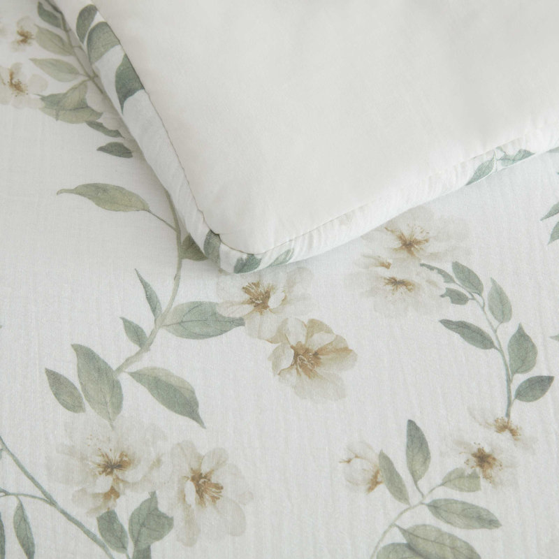 Ensemble d'édredon en coton beige Martha Martha, Édredon pour lit simple + 1 taie décorative stan, Floral beige