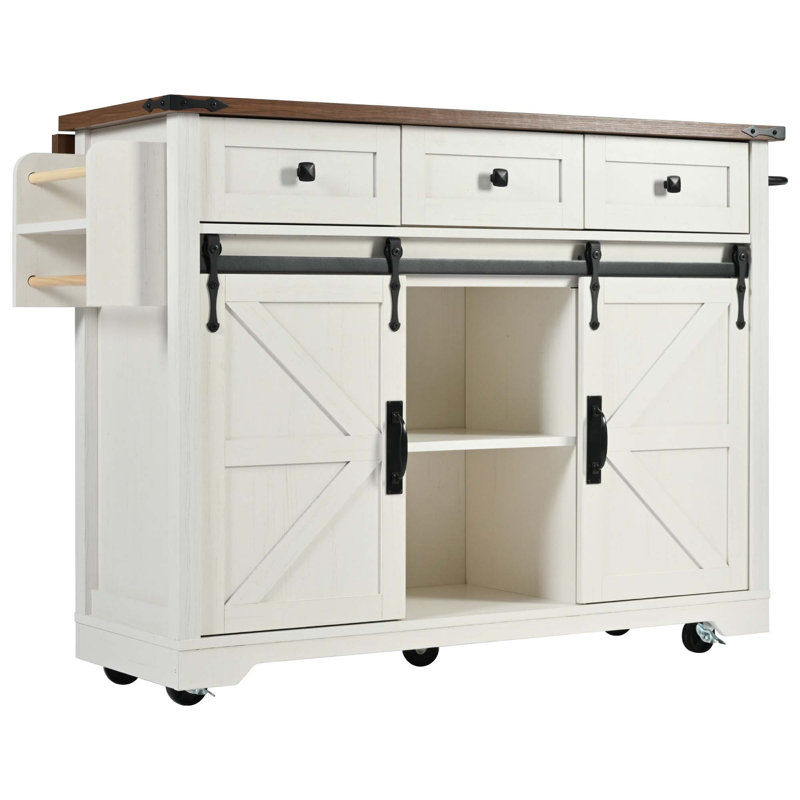 53.7" Farmhouse Kitchen Island With Power Outlet, 2 Sliding Barn Door Kitchen Storage Island With Drop Leaf, Spice Rack Rolling Kitchen Cart On Wheels, For Home, Kitchen And Dining Room, White
