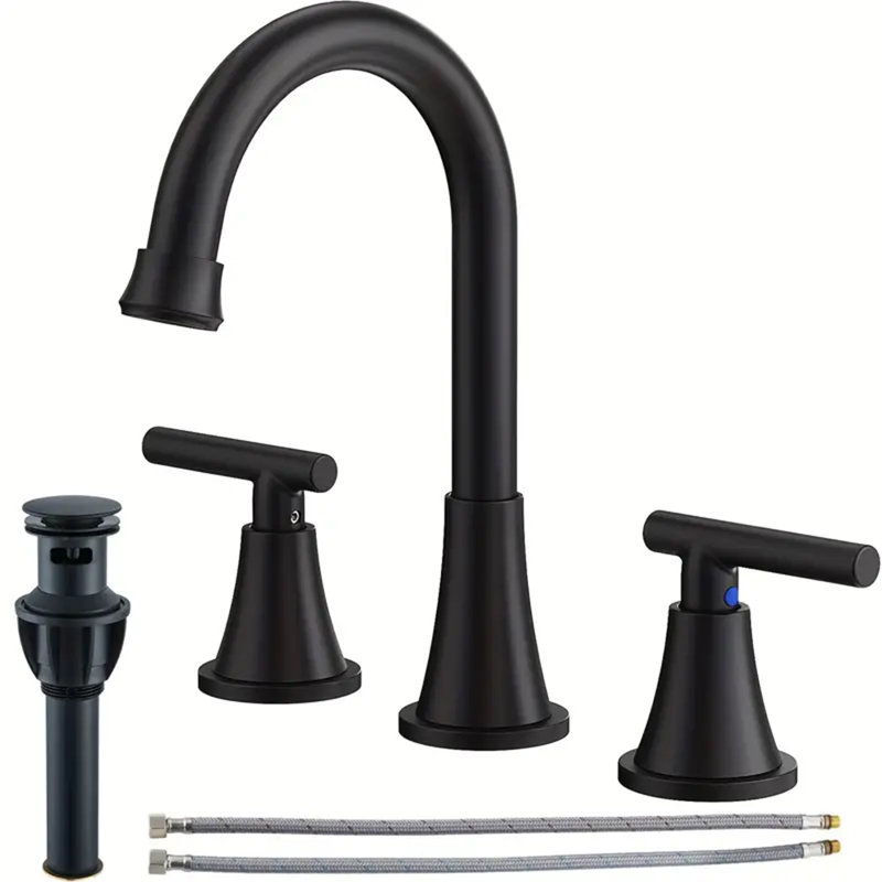 Mélangeur de meuble-lavabo de salle de bain à 3 trous avec drain, Noir
