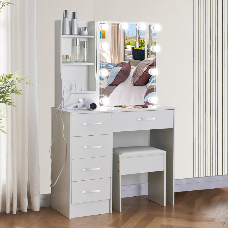 Bureau de coiffeuse avec miroir et prise de courant Geerlien, 6 tiroirs, 3 tablettes de rangement, 3 modes de couleur et luminosité réglable pour la chambre à coucher
