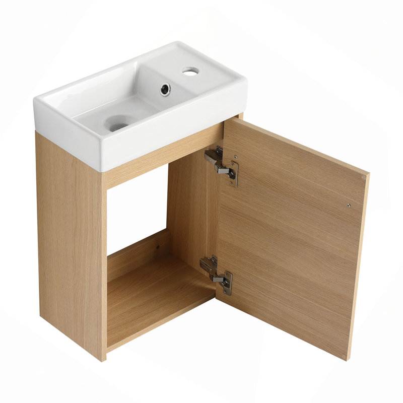 Meuble-lavabo mural flottant 16 po avec lavabo en céramique et porte d'armoire à fermeture en douceur, pour petite salle de bain