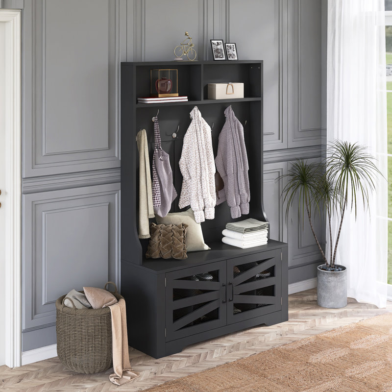 Arbre d'entrée 43,3 po de largeur 3-en-1 avec banc et rangement pour chaussures, Noir