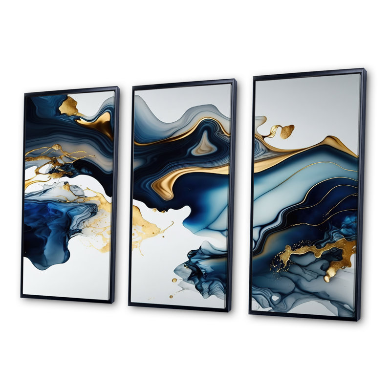 «Abstract Geode Marble Blue I», reproduction de 3 pièces, Noir, H 28 po x l 36 po x P 1 po