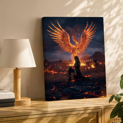 Toile, "Dramatic Fantasy Scene Set In A Fiery Landscape" mettant en valeur un art mural majestueux, un pont levant de flammes tourbillonnantes et ses ailes