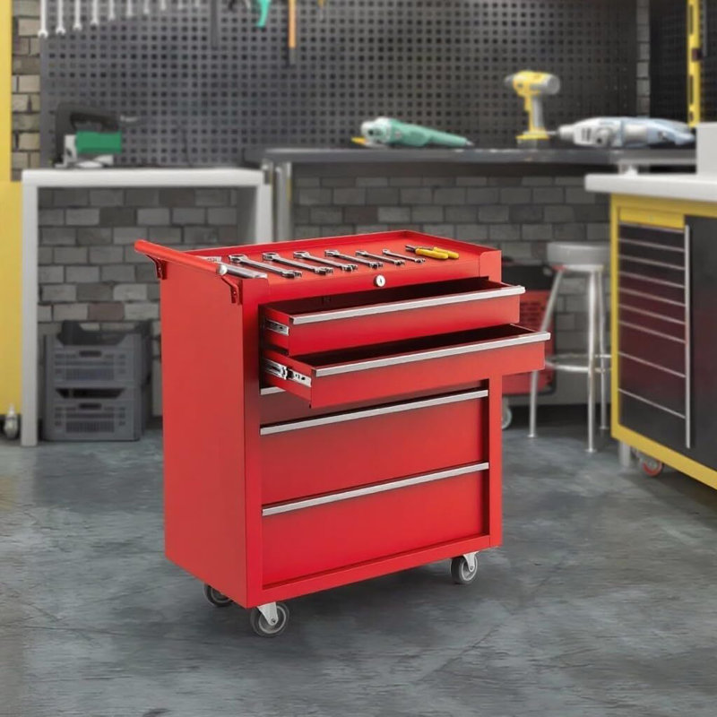 Coffre à outils roulant à 5 tiroirs, armoire à outils en acier sur roulettes avec roulettes pour garage et atelier, Rouge