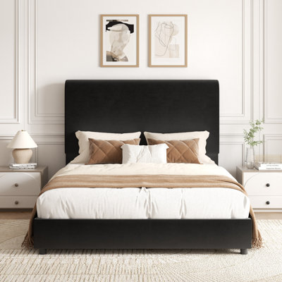 Upholstered Sleigh Platform Bed with Nailhead Trim Headboard