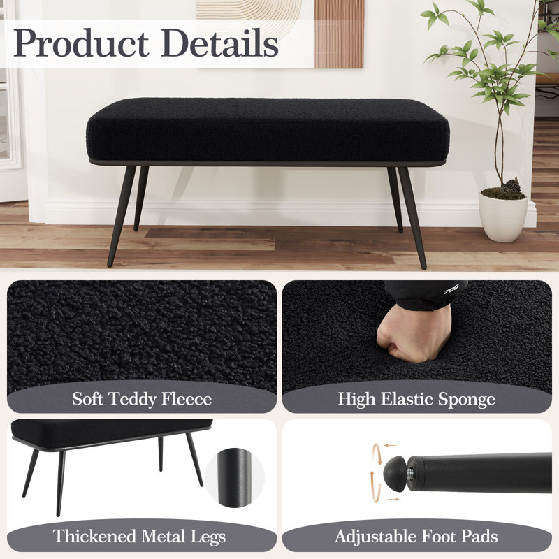 43.3"W Modern Upholstered Bench with Metal Frame and Teddy Fabric, Black