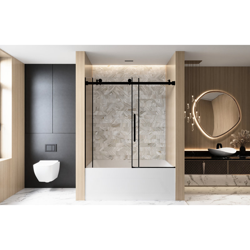 Single Sliding Shower Door 56 - 60 "W X 60" H, 1/4 "(6 Mm) Clear Tempered Glass With Proof Film, Stainless Steel Handle, Square Tube Track In Matte Black, American Style Bathroom, Large Wheels For