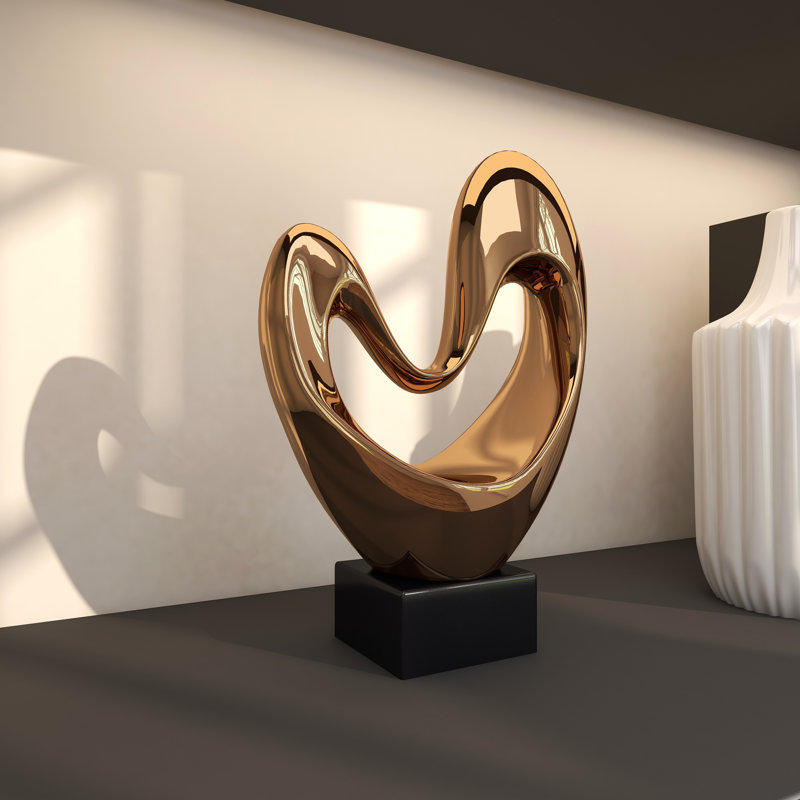 Polystone Heart Abstract Decorative Sculpture with Black Base, Copper