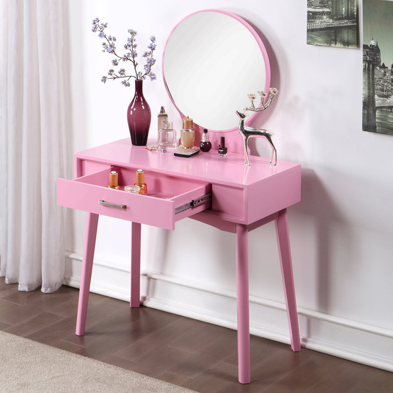 Ensemble coiffeuse et tabouret contemporain en bois, Rose