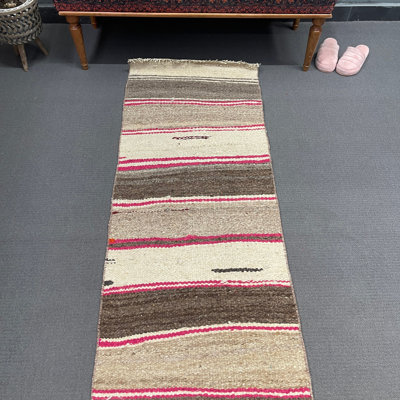Tapis beige moderne en laine rayé 25,2 x 139,8 pouces