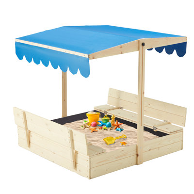 Kids Sandbox With Lid, Outdoor Wooden Sand Box With Adjustable Uv-Resistant Roof, 2 Foldable Bench Seats, And Bottom Liner For Ages 2-8, Perfect For Backyard Or Beach, Natural
