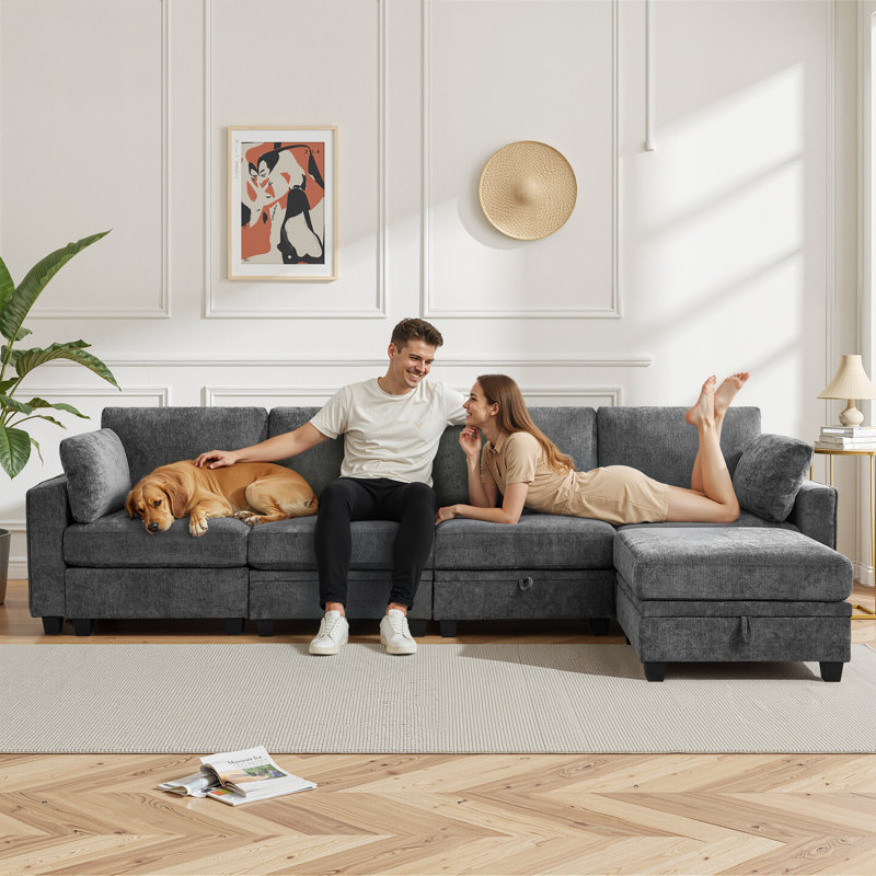 130" Modular Sectional Sofa With Storage, Oversized L Shape Convertible Cloud Sofa Sectional Couches For Living Room Comfy Chenille Deep Seat Couch With Chaise