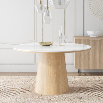 Maxwell 53" Round Dining Table for 6, Sintered Stone Tabletop with Solid Oak Base