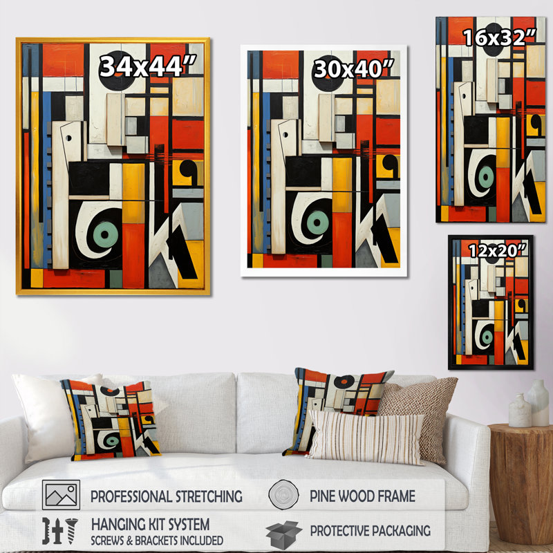 Nouvel ordre abstrait géométrique rétro en rouge - reproduction d'art moderne sur toile géométrique, Cadre flottant noir