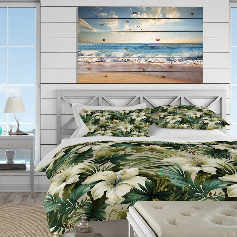 Literie discrète à motif tropical Tropics II, Housse de couette pour grand lit et 2 taies décor