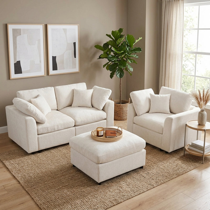 Ensemble de canapé modulaire 3 pièces U-Style, chenille, 2 places + fauteuil + repose-pieds, L 72,8 po