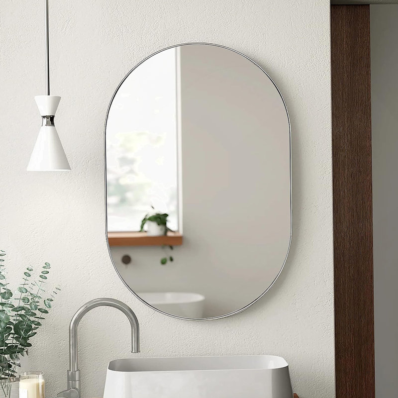 Miroir ovale en métal argenté 20 po x 28 po, 20 po x 28 po, Argent argent