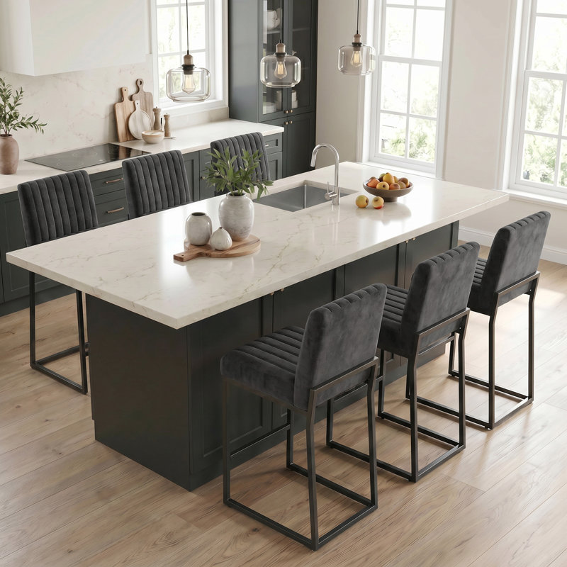 Tabouret de bar rembourré à hauteur de comptoir de 26 po avec structure en métal, ensemble de 6, Dark Gray, 6