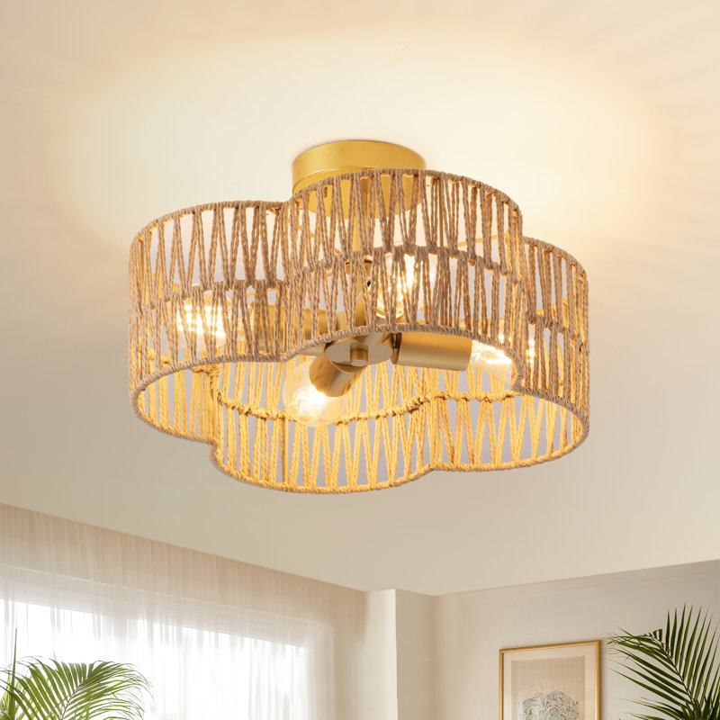 Plafonnier semi-encastré en rotin tissé 16 lumières 16,5 po