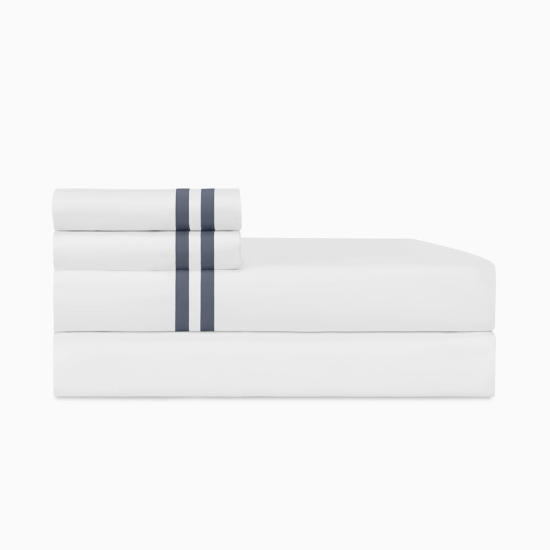 Ribbons Sateen Sheet Set, White/Stone Blue, Twin