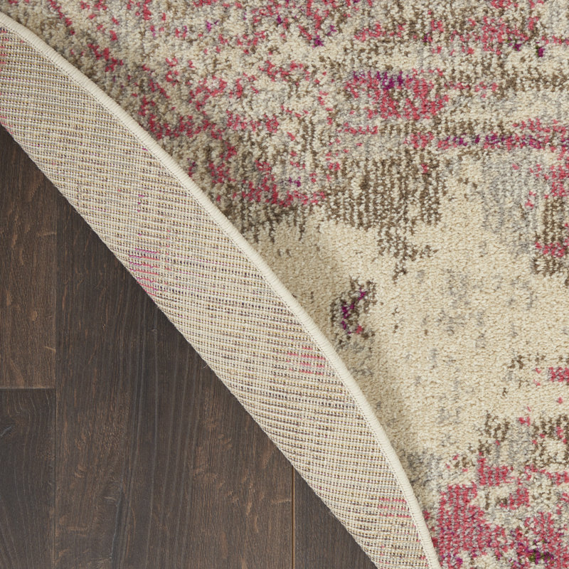 Tapis ivoire / rose à motif abstrait Adrieonna, Rond 7 pi 10 po
