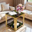 Table de bout moderne carrée avec plateau en verre trempé, tablette inférieure et structure asymétrique en métal-486463242