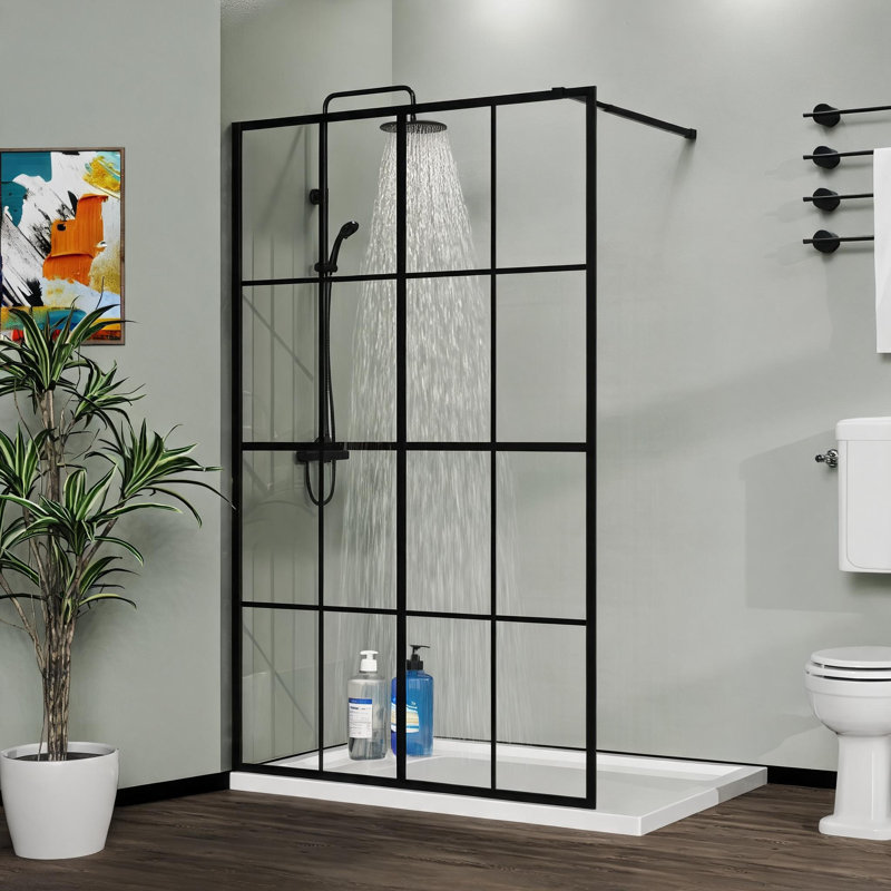 Paroi de douche à l'italienne avec cadre en aluminium noir de 46 pouces x 72 pouces et 4 panneaux en verre trempé