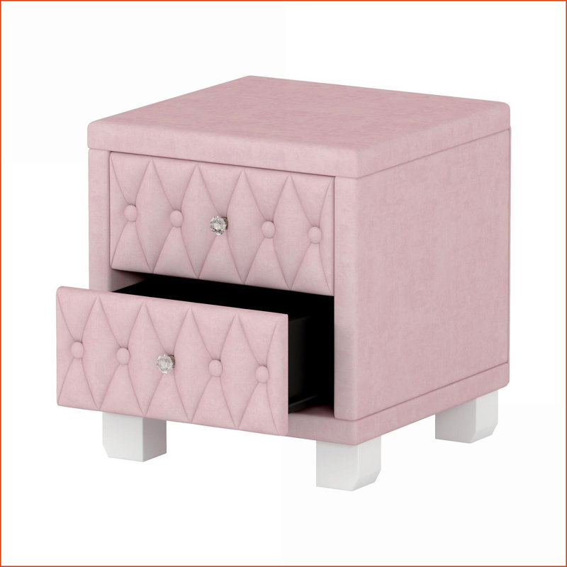Pink Velvet Button-Tufted Nightstand with 2 Drawers &amp; Crystal Handles, Pink