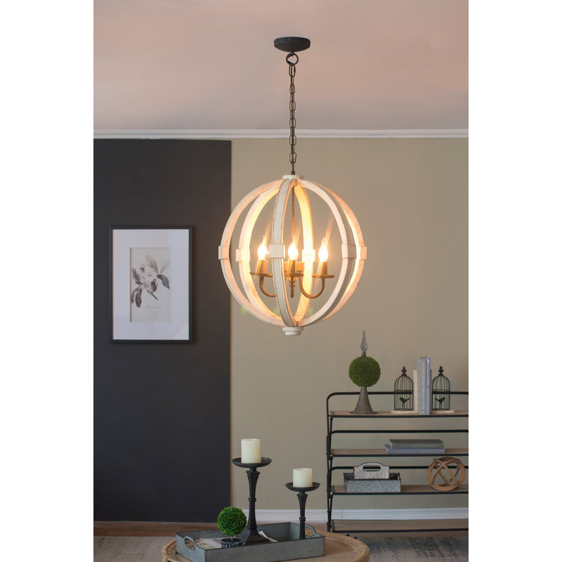 Lustre en bois 6 lumières CircleBeaded, luminaire suspendu avec chaîne réglable, ampoule non incluse