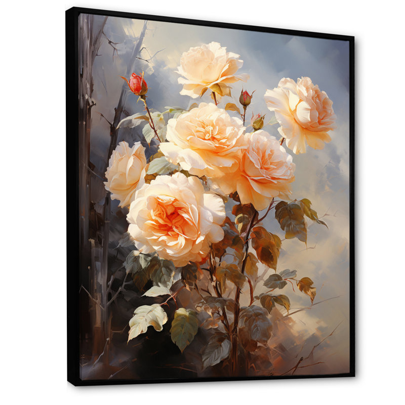 Impression romantique Carsta Peach Roses II, Cadre flottant noir, H 32 po x l 16 po x P 1 po