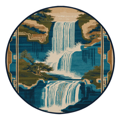 Machine Washable Art Deco Blue Area Rug