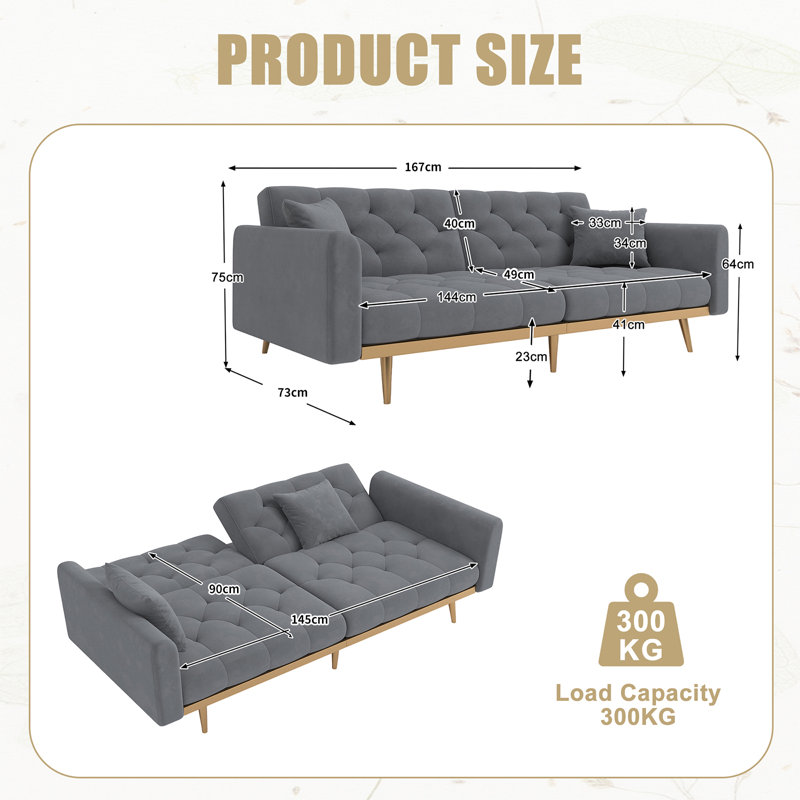 2 Seater Velvet Sofa Bed, Grey