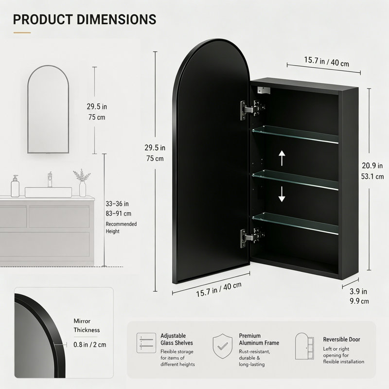 Armoire à pharmacie 15,7 "x 29,5" arquée noire à fixation en surface avec tablettes réglables et porte réversible, Noir