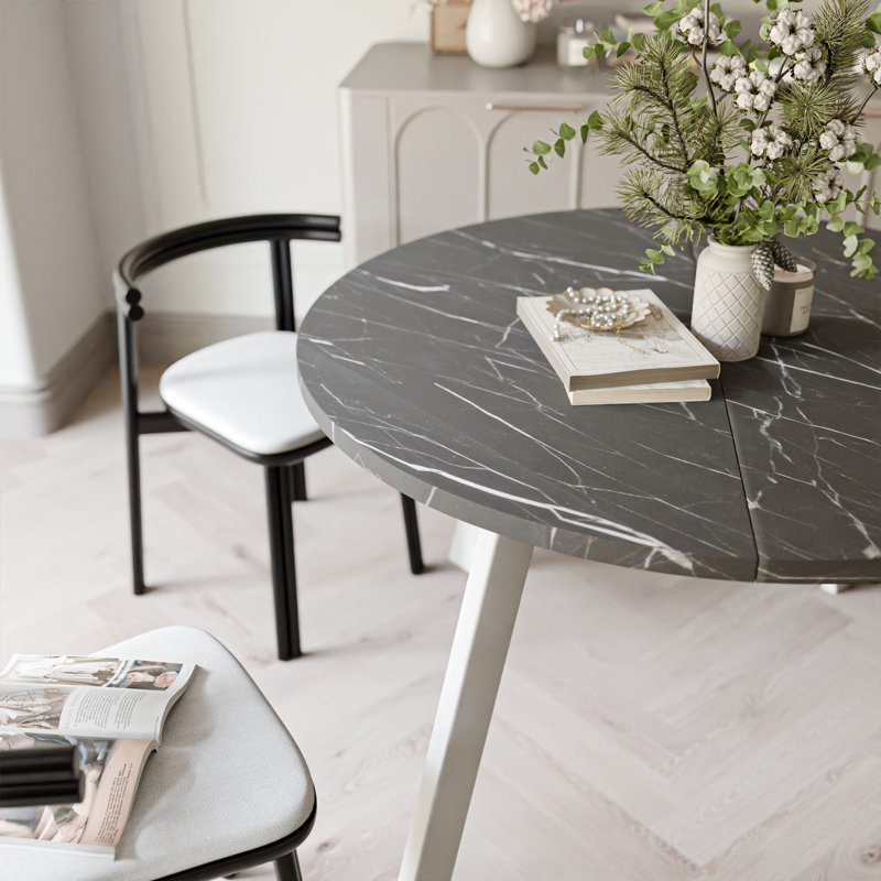 Extendable Round Dining Table, White, Grigia Pietra