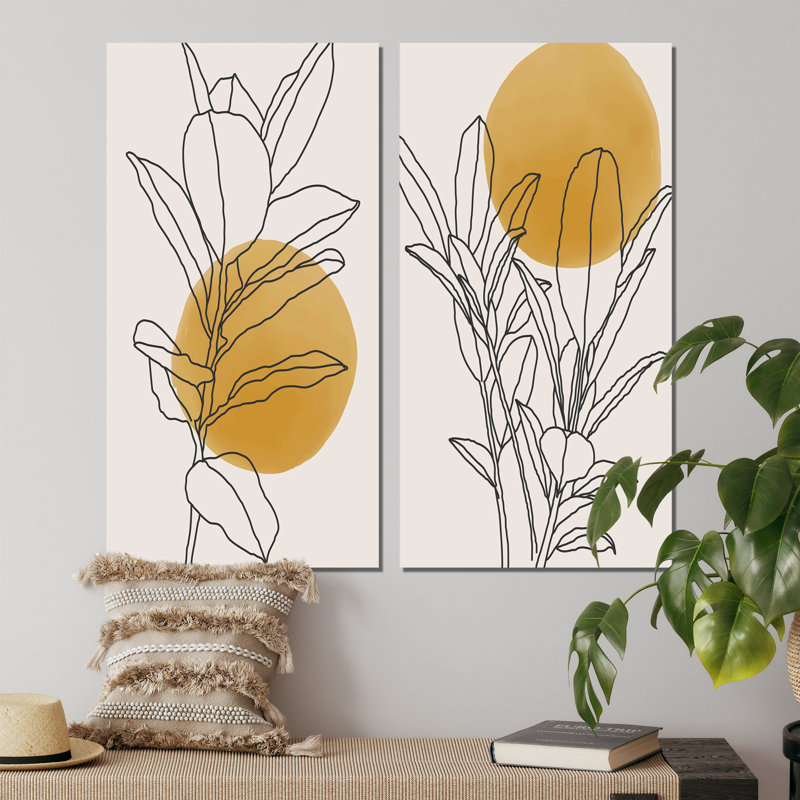 Branche botanique jaune avec feuilles I - ensemble de 2 peintures, H 40 po x l 40 po, Toile tendue, Sans cadre