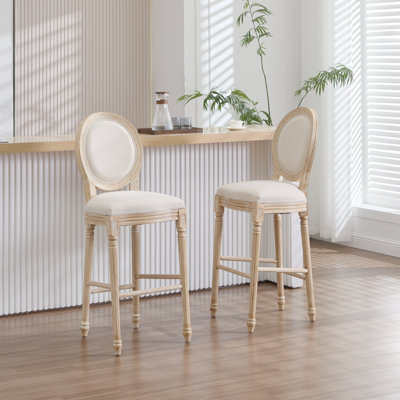 Beige 30'' Height French Country Upholstered Bar Chairs Of 2 With Round Back, Disassemblable, Solid - Wood Framework, Cotton And Linen, Carving Wire Drawing For Living Restaurant Environments Home