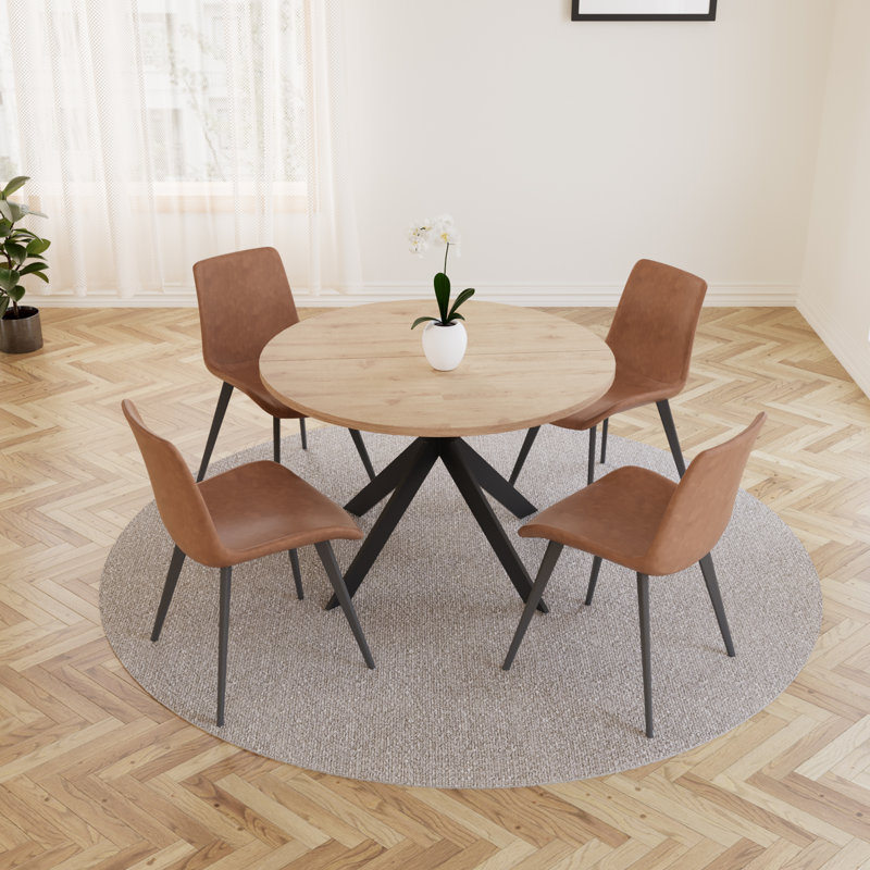Judye 46.4" Round Table Metal Legs Dining Table Set with 4 Modern Chairs, Brown