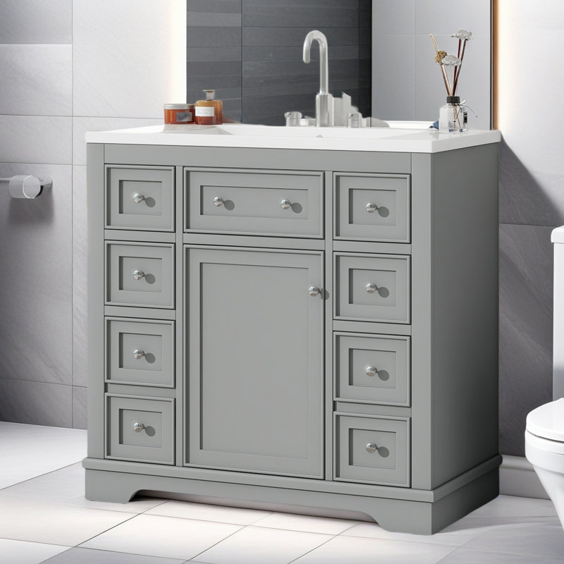 Meuble-lavabo 36 po sans lavabo, base d'armoire seulement, une armoire et six tiroirs, Gris