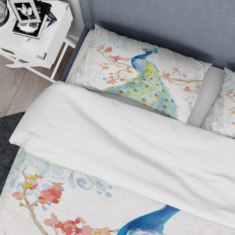 Ensemble de housse de couette en microfibre Peacocks Watercolor II, Housse de couette très grand + 2 taies décoratives