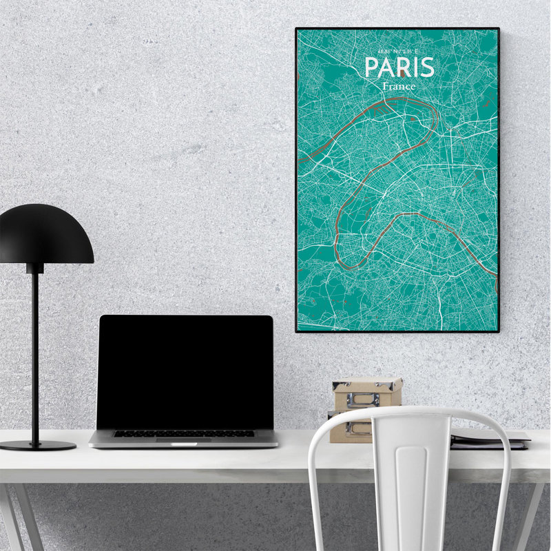 Carte de Paris, impression nautique, H 36 po x l 24 po x P 0,05 po, Vert / Brun