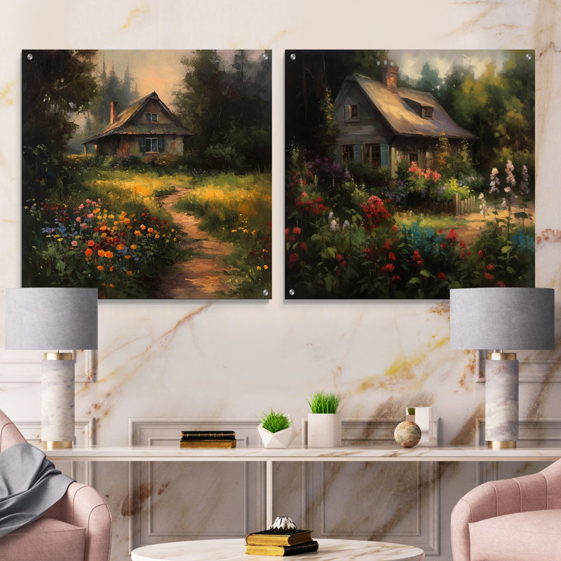 Oasis de campagne pittoresque et jardin I - ensemble de 2 peintures murales en acrylique, H 16 po x l 33 po