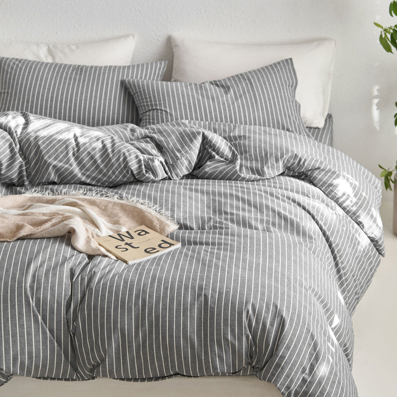 MooMee Striped Duvet Cover Set 100% Washed Cotton Linen Like Textured, Wide Stripes - Dark Gray/White