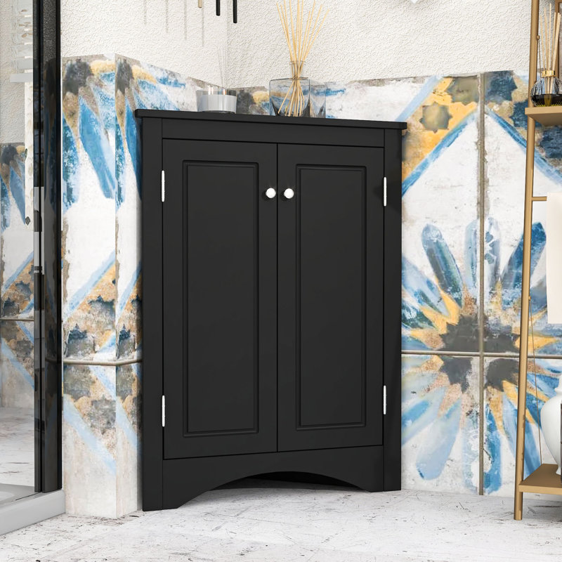 Wood Corner Bathroom Storage Cabinet with Adjustable Shelves, Triangle Design for Small Spaces, Black