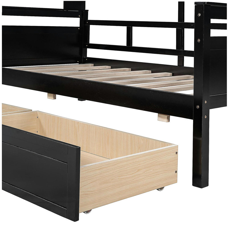 Lit de jour, structure de lit en bois, avec table de chevet et deux tiroirs, Lit simple, Espresso